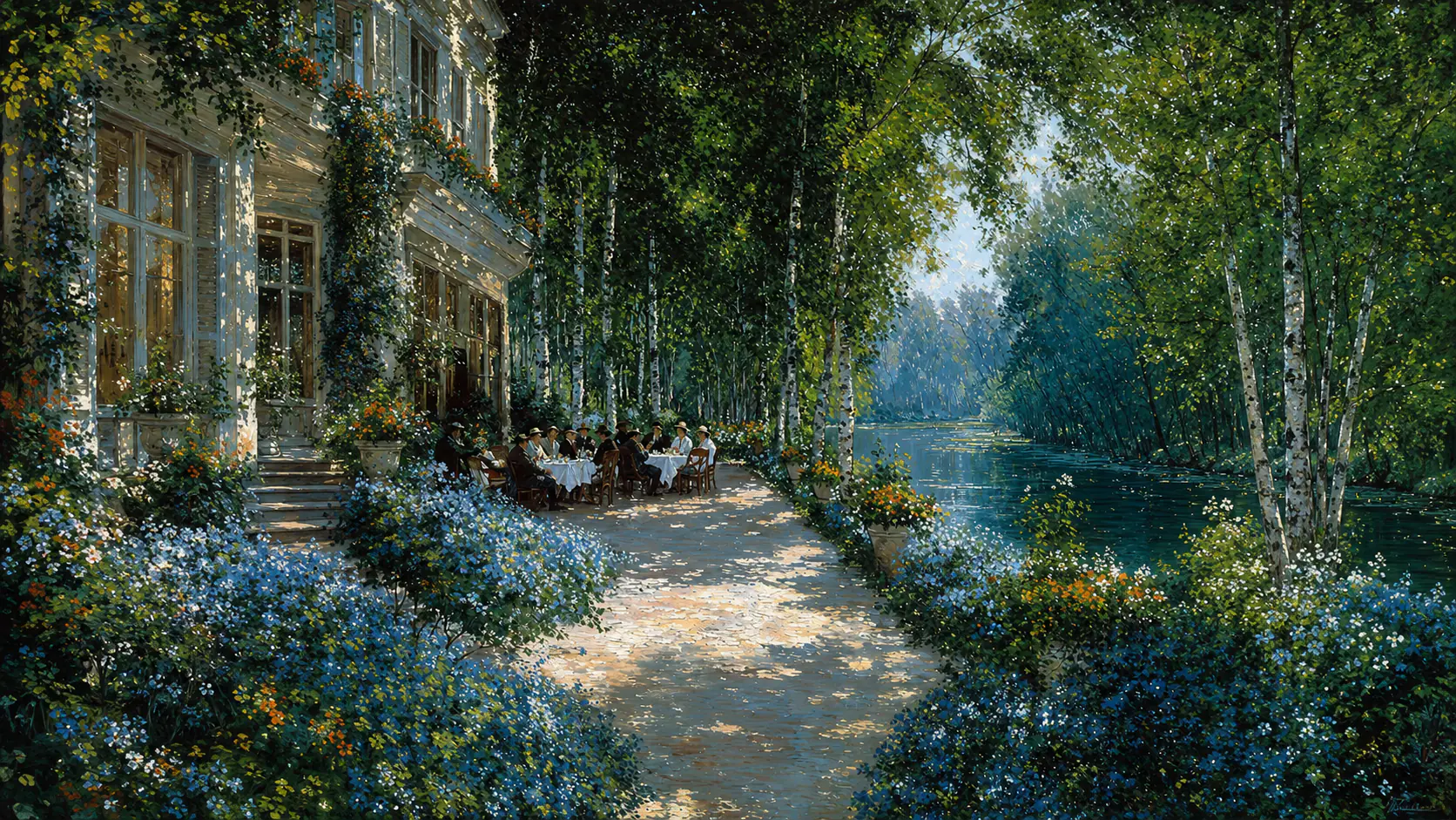 Sobremesa al aire libre junto a un río, entre abedules y macizos de flores, en una pintura impresionista de luz de verano