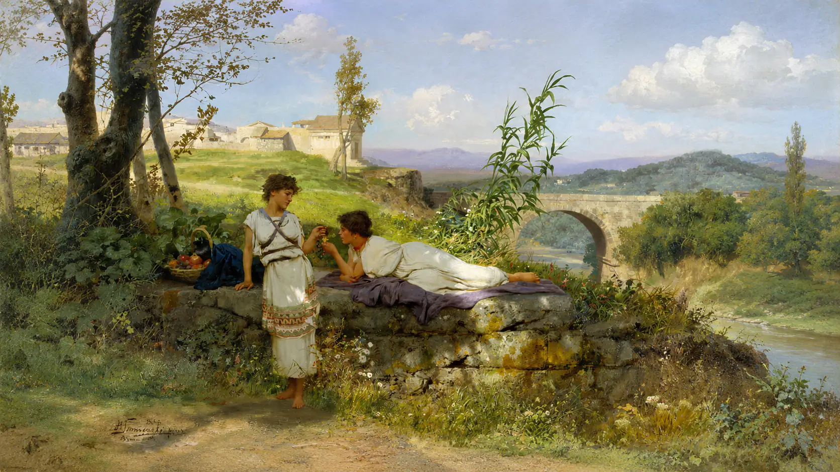 Dos jóvenes conversando junto a un río en un paisaje de campiña, en una pintura académica del siglo XIX
