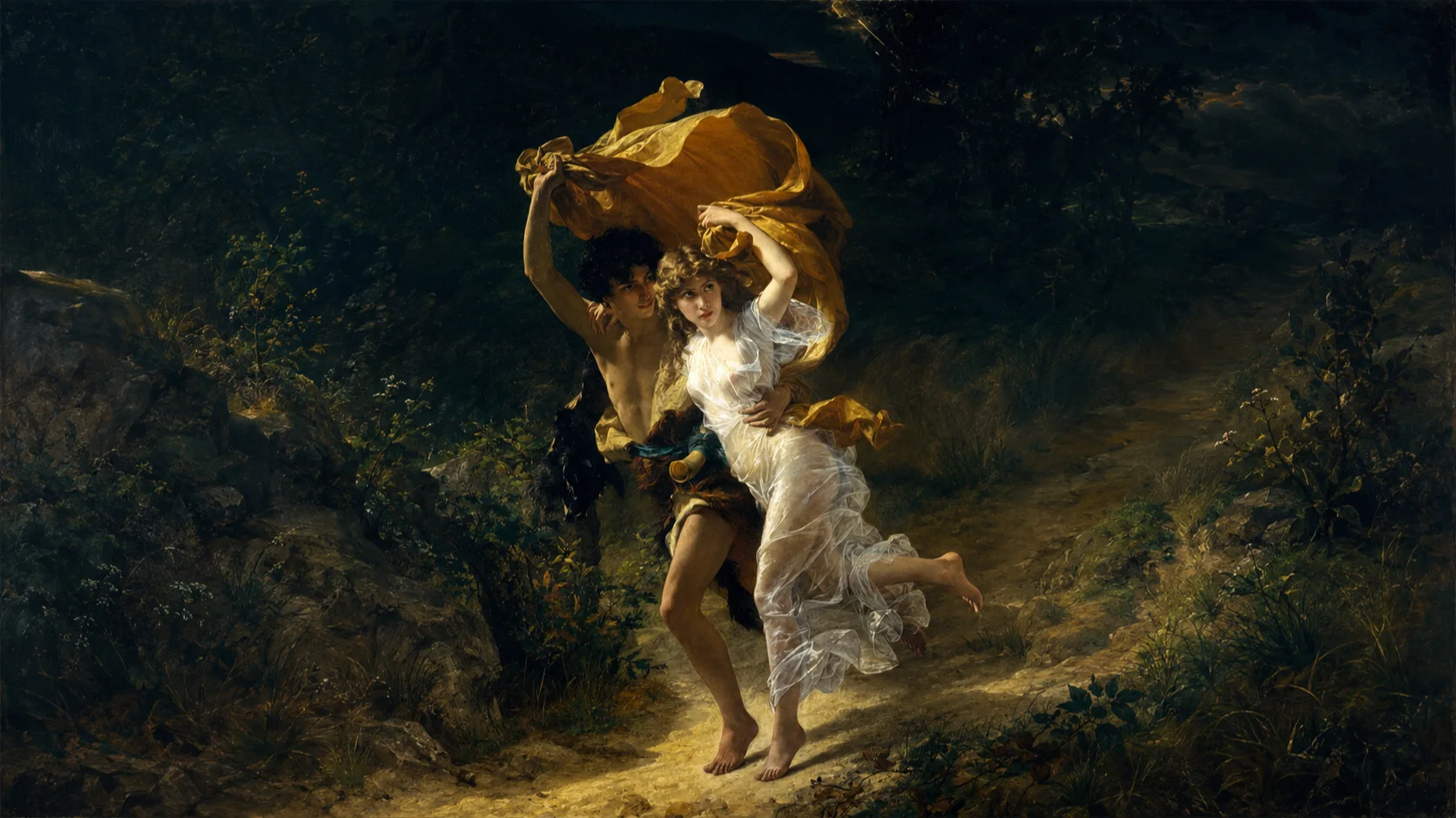 Dos figuras corren por un sendero al resguardo de una tela dorada, en una pintura romántica de tormenta