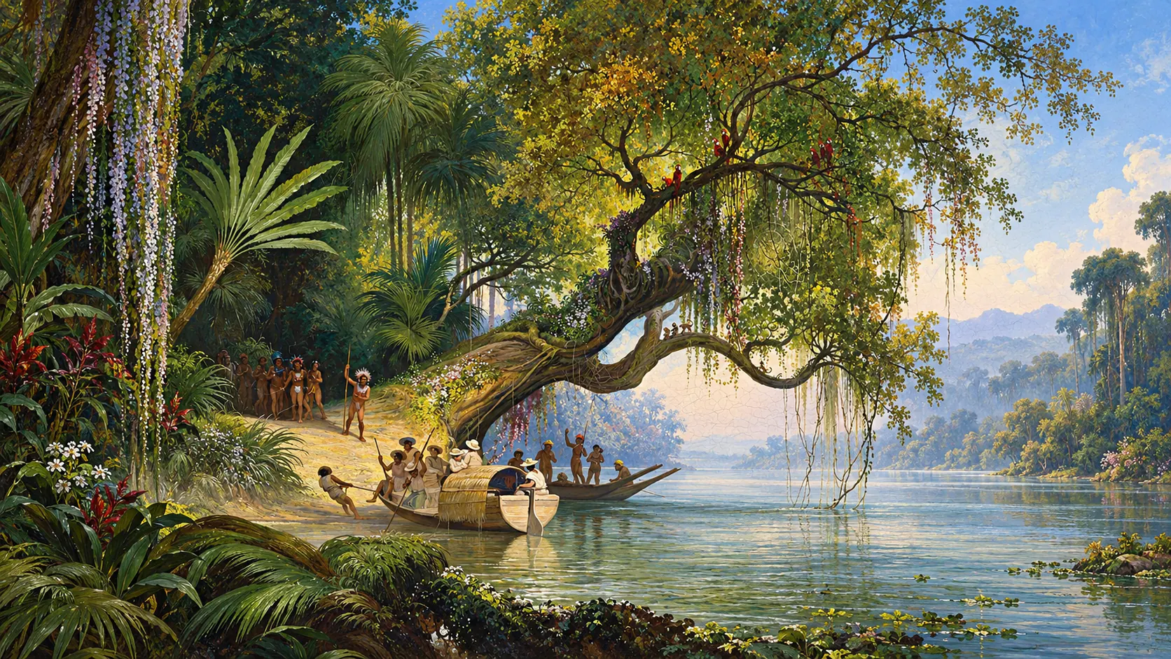 Escena pictórica de un río tropical con varias embarcaciones y personas junto a una orilla de vegetación abundante