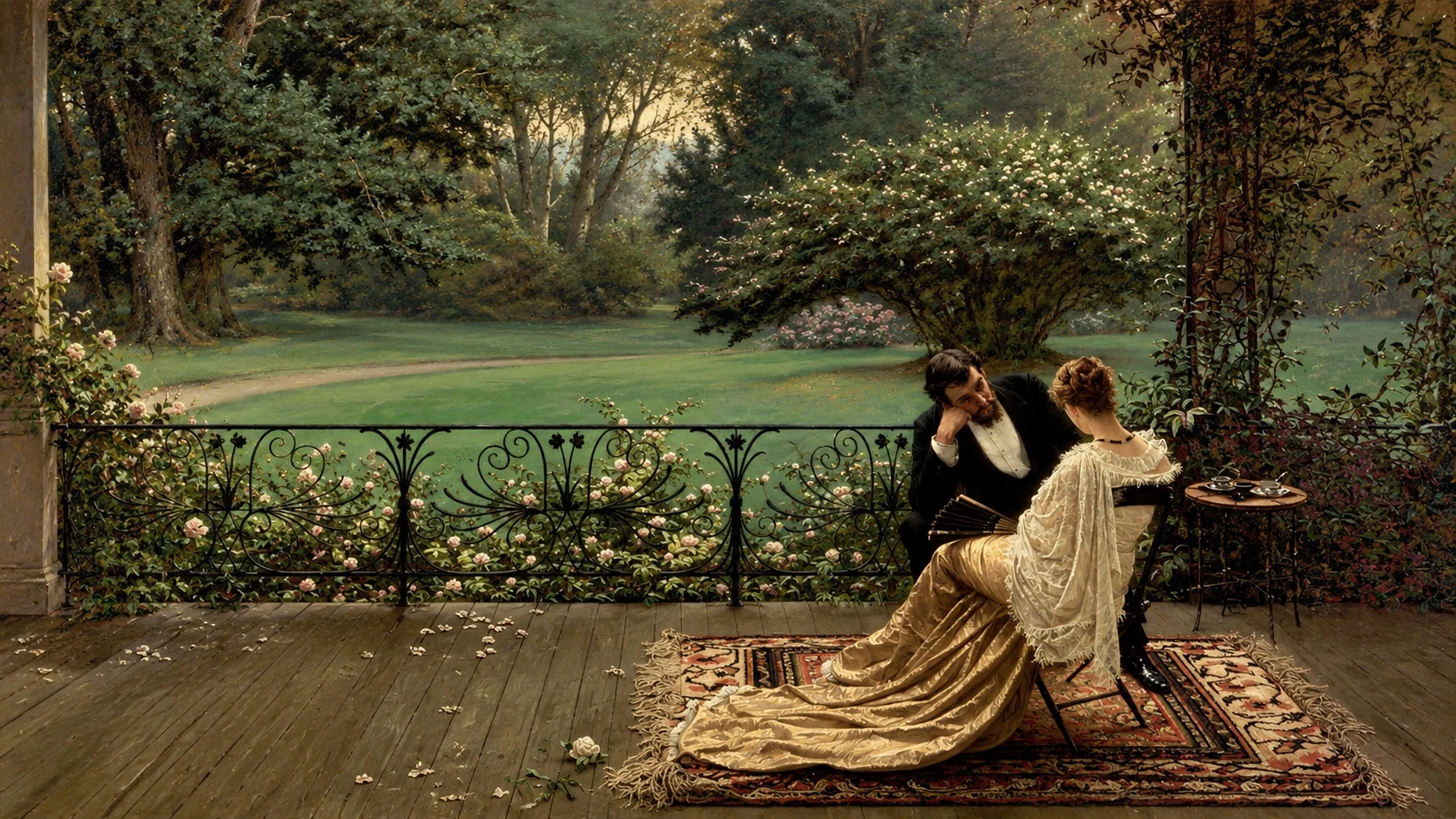 Una pareja conversa en la terraza de una casa frente a un jardín, en una escena de estilo pictórico clásico