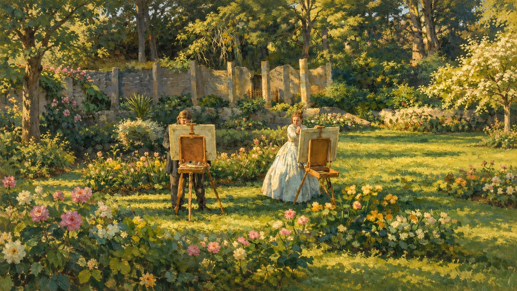 Dos pintores ante sus caballetes en un jardín amurallado en flor, en una pintura impresionista