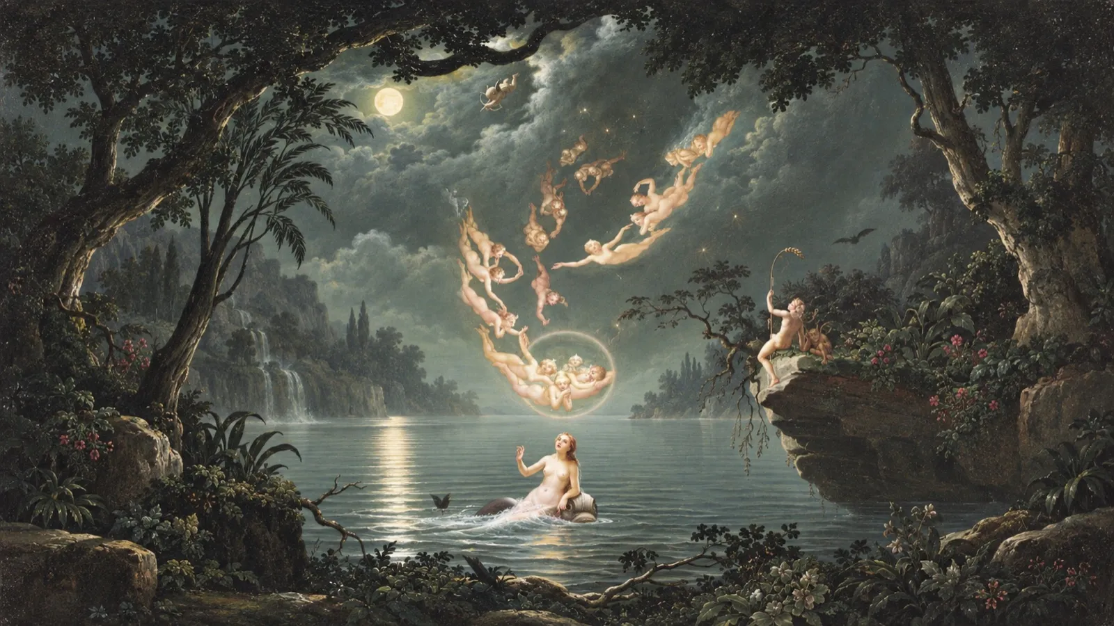 Lago iluminado por la luna, con figuras cayendo del cielo hacia el agua, en una pintura romántica nocturna