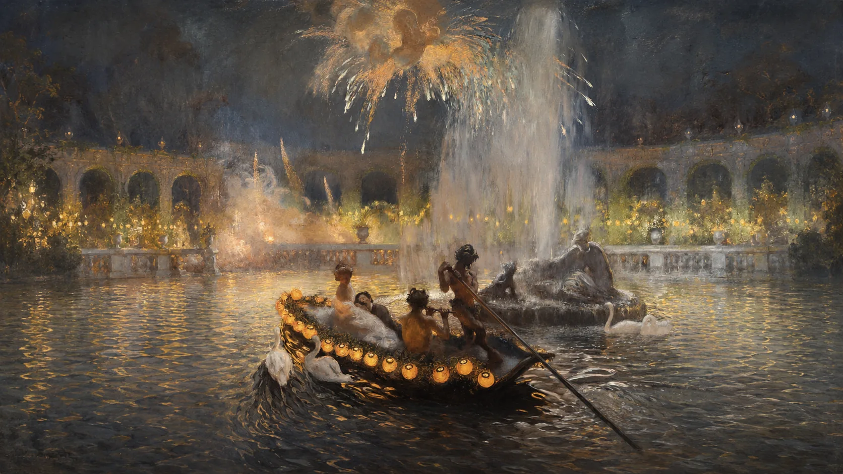 Barca iluminada con farolillos cruza de noche un estanque entre surtidores y fuegos artificiales, en una pintura romántica